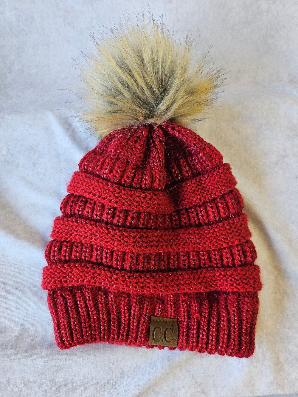 C.C Sparkly Red Knit Pom Pom Beanie